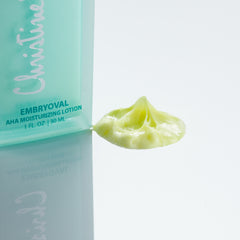 Christine Valmy's all-natural Embryoval: AHA Nighttime Moisturizing Lotion’s texture is shown to the right of the product