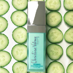 Christine Valmy's all-natural Valbrite: Fast-Acting Brightening Serum's ingredients are shown next to the product