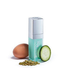 Christine Valmy's all-natural Embryoval: AHA Nighttime Moisturizing Lotion's ingredients are shown next to the product