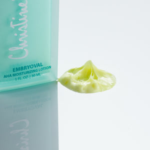 Christine Valmy's all-natural Embryoval: AHA Nighttime Moisturizing Lotion’s texture is shown to the right of the product 
