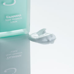 Christine Valmy's all-natural Valmarina: Light Nighttime Moisturizing Lotion’s texture is shown to the right of the product 